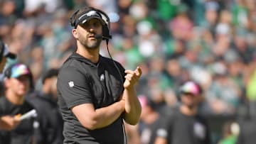 Oct 1, 2023; Philadelphia, Pennsylvania, USA; Philadelphia Eagles head coach Nick Sirianni on the sidelines against the Washington Commanders at Lincoln Financial Field. Mandatory Credit: Eric Hartline-Imagn Images
