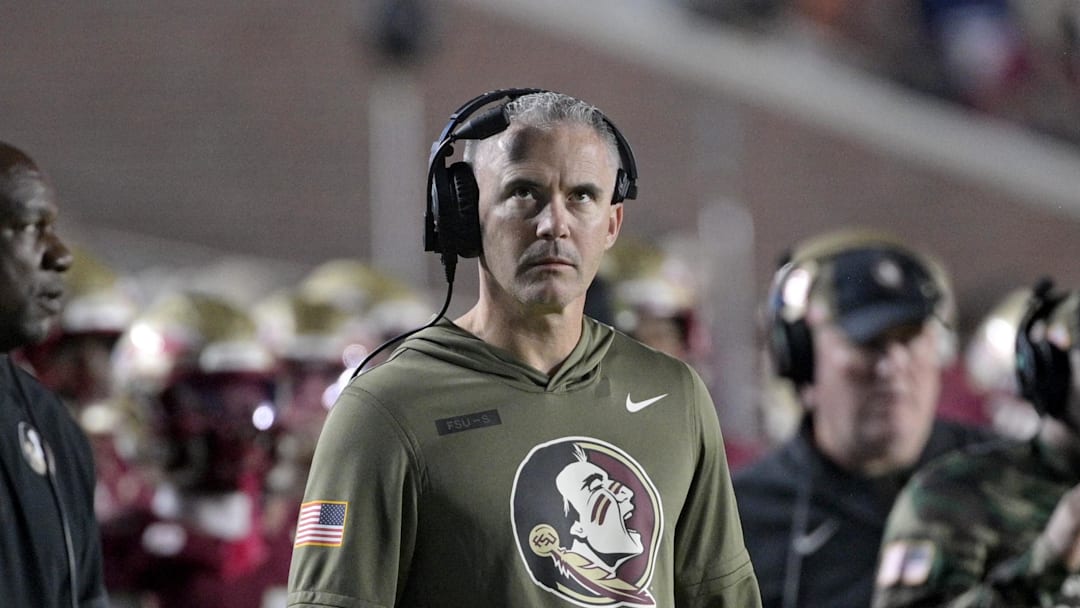 Nov 15, 2025; Tallahassee, Florida, USA; Florida State Seminoles head coach Mike Norvell during the second half against the Virginia Tech Hokies at Doak S. Campbell Stadium. Mandatory Credit: Melina Myers-Imagn Images