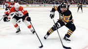 Dec 23, 2024; Pittsburgh, Pennsylvania, USA;  Pittsburgh Penguins center Sidney Crosby (87) handles the puck against Philadelphia Flyers defenseman Rasmus Ristolainen (55) during the third period at PPG Paints Arena. Mandatory Credit: Charles LeClaire-Imagn Images