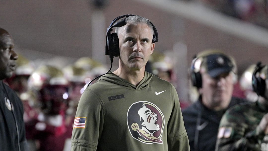 Nov 15, 2025; Tallahassee, Florida, USA; Florida State Seminoles head coach Mike Norvell during the second half against the Virginia Tech Hokies at Doak S. Campbell Stadium. Mandatory Credit: Melina Myers-Imagn Images