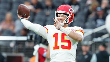 Oct 27, 2024; Paradise, Nevada, USA; Kansas City Chiefs quarterback Patrick Mahomes (15) warms up before a game against the Las Vegas Raiders at Allegiant Stadium. Mandatory Credit: Stephen R. Sylvanie-Imagn Images