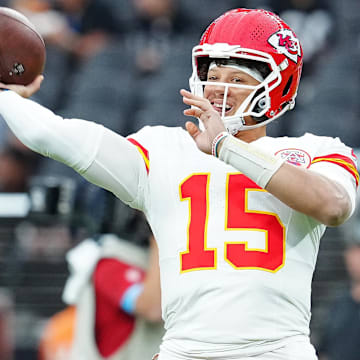Oct 27, 2024; Paradise, Nevada, USA; Kansas City Chiefs quarterback Patrick Mahomes (15) warms up before a game against the Las Vegas Raiders at Allegiant Stadium. Mandatory Credit: Stephen R. Sylvanie-Imagn Images