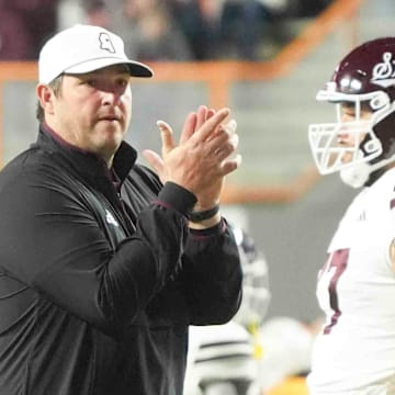 Mississippi State coach Jeff Lebby before an NCAA college football game against the Tennessee Volunteers at Neyland Stadium in Knoxville, Tenn.