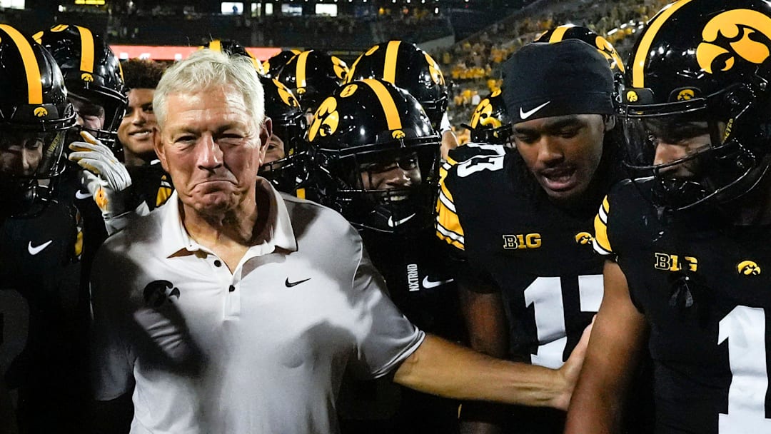 Iowa Hawkeyes head coach Kirk Ferentz reacts after becoming the winningest coach in Big Ten history, passing Woody Hayes, with a win over the Massachusetts Minutemen Sept. 13, 2025 at Kinnick Stadium in Iowa City, Iowa.