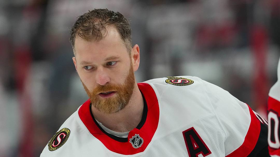 Apr 20, 2026; Raleigh, North Carolina, USA; Ottawa Senators right wing Claude Giroux (28) skates during the  warmups before the game against the Carolina Hurricanes  in game two of the first round of the 2026 Stanley Cup Playoffs at Lenovo Center. Mandatory Credit: James Guillory-Imagn Images