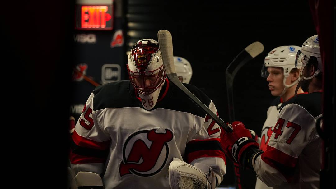 Mar 28, 2026; Raleigh, North Carolina, USA;  New Jersey Devils goaltender Jacob Markstrom (25) comes out of the locker room before the start of the game against the Carolina Hurricanes at Lenovo Center. Mandatory Credit: James Guillory-Imagn Images
