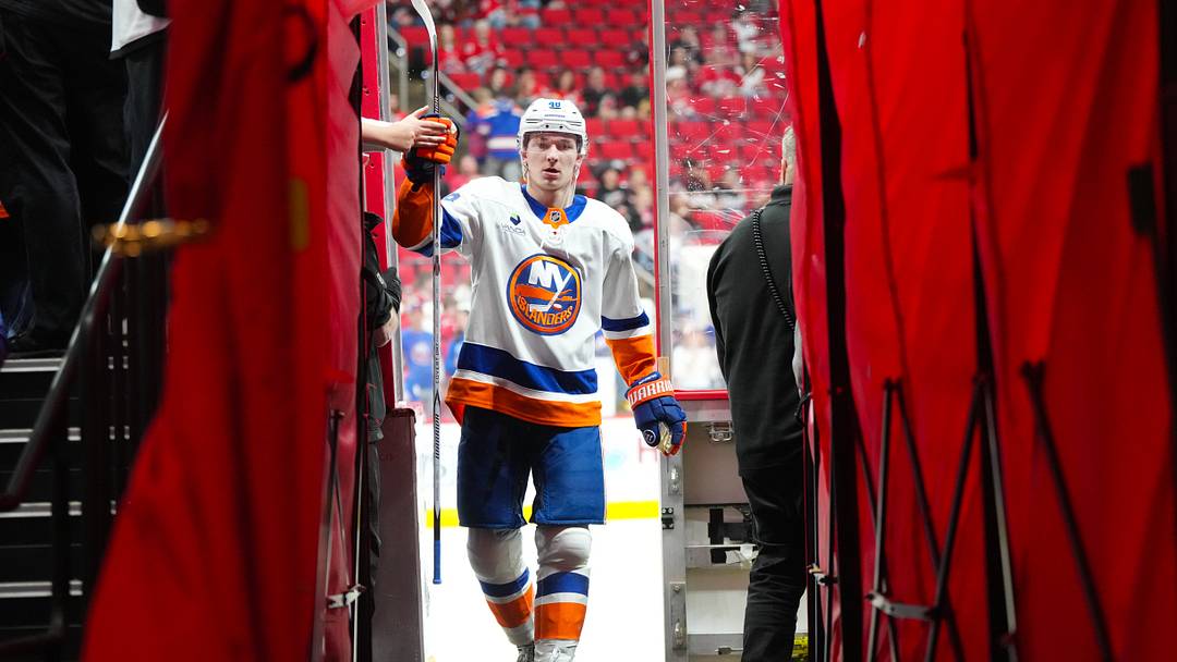 Apr 4, 2026; Raleigh, North Carolina, USA;  New York Islanders defenseman Matthew Schaefer (48) comes off the ice after the warmups before the start of the game against the Carolina Hurricanes at Lenovo Center. Mandatory Credit: James Guillory-Imagn Images