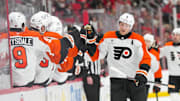 Oct 11, 2025; Raleigh, North Carolina, USA;  Philadelphia Flyers defenseman Travis Sanheim (6) celebrates his goal against the Carolina Hurricanes during the third period at Lenovo Center. Mandatory Credit: James Guillory-Imagn Images