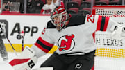 Oct 9, 2025; Raleigh, North Carolina, USA;  New Jersey Devils goaltender Jacob Markstrom (25) stops the shot against the Carolina Hurricanes during the during the third period at Lenovo Center. Mandatory Credit: James Guillory-Imagn Images