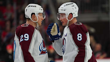 Nathan MacKinnon (29) & Cale Makar (8) of the Colorado Avalanche