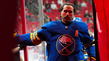 Nov 8, 2025; Raleigh, North Carolina, USA;  Buffalo Sabres right wing Alex Tuch (89) comes off the ice after the warmups before the game against the Carolina Hurricanes at Lenovo Center. Mandatory Credit: James Guillory-Imagn Images