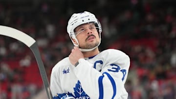Dec 4, 2025; Raleigh, North Carolina, USA; Toronto Maple Leafs center Auston Matthews (34) looks on before the start of the game against the Carolina Hurricanes at Lenovo Center. Mandatory Credit: James Guillory-Imagn Images
