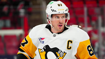 Jan 5, 2025; Raleigh, North Carolina, USA;  Pittsburgh Penguins center Sidney Crosby (87) looks on during the warmups before the game against the Carolina Hurricanes at Lenovo Center. Mandatory Credit: James Guillory-Imagn Images