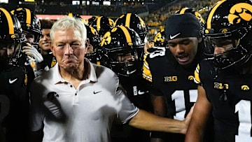Iowa Hawkeyes head coach Kirk Ferentz reacts after becoming the winningest coach in Big Ten history, passing Woody Hayes, with a win over the Massachusetts Minutemen Sept. 13, 2025 at Kinnick Stadium in Iowa City, Iowa.