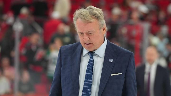 Apr 2, 2026; Raleigh, North Carolina, USA;  Columbus Blue Jackets head coach Rick Bowness walks off the ice after the bfirst period against the Carolina Hurricanes at Lenovo Center. Mandatory Credit: James Guillory-Imagn Images