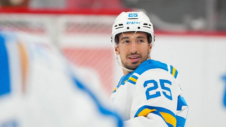 Mar 12, 2026; Raleigh, North Carolina, USA;  St. Louis Blues right wing Jordan Kyrou (25) looks on during the warmups before the game against the Carolina Hurricanes  at Lenovo Center. Mandatory Credit: James Guillory-Imagn Images