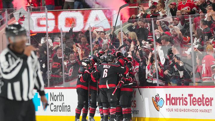 May 4, 2026; Raleigh, North Carolina, USA; Carolina Hurricanes left wing Taylor Hall (71) is congratulated after his game winning goal against the Philadelphia Flyers in the first overtime in game two of the second round of the 2026 Stanley Cup Playoffs at Lenovo Center. Mandatory Credit: James Guillory-Imagn Images
