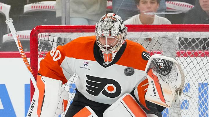 May 4, 2026; Raleigh, North Carolina, USA; Philadelphia Flyers goaltender Dan Vladar (80) watches the shot during the warmups before the game against the Carolina Hurricanes in game two of the second round of the 2026 Stanley Cup Playoffs at Lenovo Center. Mandatory Credit: James Guillory-Imagn Images