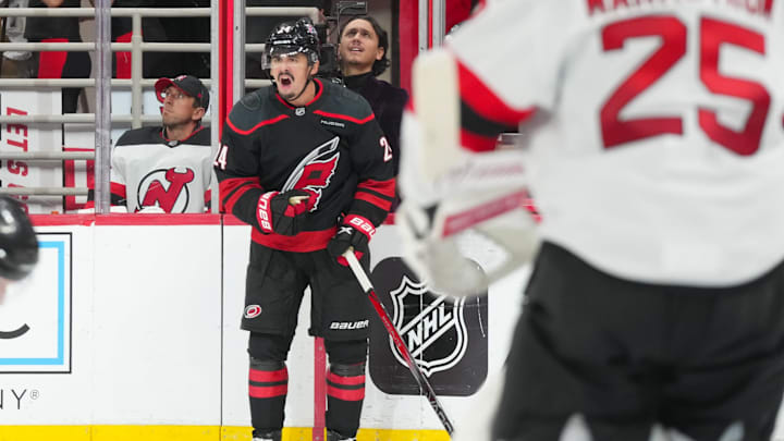 Oct 9, 2025; Raleigh, North Carolina, USA;  Carolina Hurricanes center Seth Jarvis (24) celebrates his goal against the New Jersey Devils during the third period at Lenovo Center. Mandatory Credit: James Guillory-Imagn Images