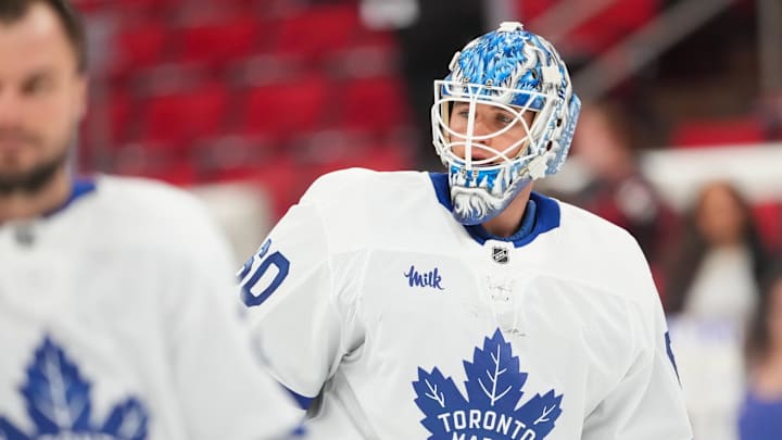 Dec 4, 2025; Raleigh, North Carolina, USA; Toronto Maple Leafs goaltender Joseph Woll (60) skates during the warmups before the game against the Carolina Hurricanes at Lenovo Center. Mandatory Credit: James Guillory-Imagn Images