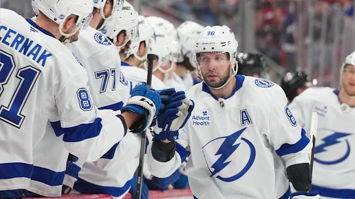 Feb 26, 2026; Raleigh, North Carolina, USA;  Tampa Bay Lightning right wing Nikita Kucherov (86) celebrates his goal against the Carolina Hurricanes during the first period at Lenovo Center. Mandatory Credit: James Guillory-Imagn Images