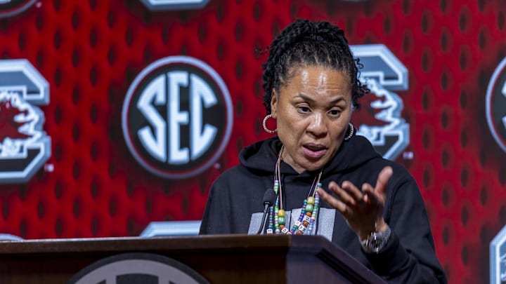 Oct 16, 2024; Birmingham, AL, USA; South Carolina Gamecocks head coach Dawn Staley talks with the media during SEC Media Days at Grand Bohemian Hotel. Mandatory Credit: Vasha Hunt-Imagn Images Oct 16, 2024; Birmingham, AL, USA; South Carolina Gamecocks head coach Dawn Staley talks with the media during SEC Media Days at Grand Bohemian Hotel. Mandatory Credit: Vasha Hunt-Imagn Images