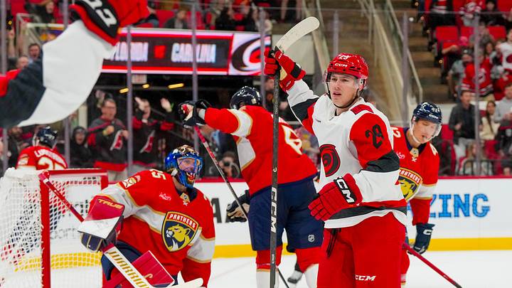 Sep 22, 2026; Raleigh, North Carolina, USA; Carolina Hurricanes forward Brady Nadeau (29)  scores a goal past Florida Panthers goaltender Jacob Markstrom (25) during the first period t Lenovo Center.  Mandatory Credit: James Guillory-Imagn Images