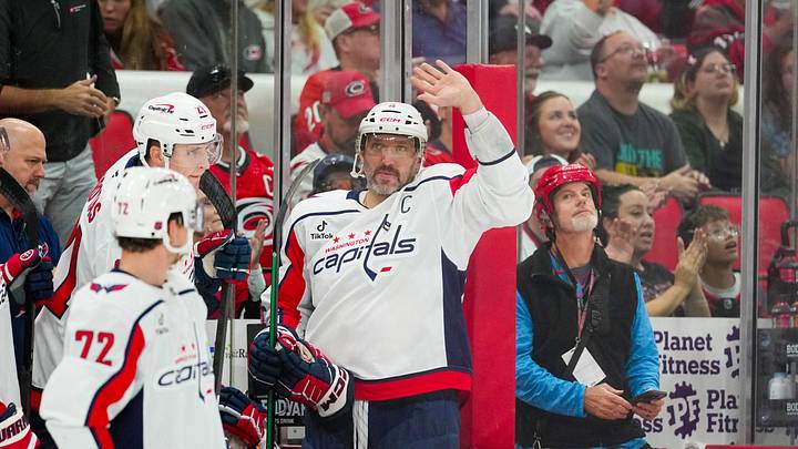 Oct 13, 2026; Raleigh, North Carolina, USA;  Washington Capitals left wing Alex Ovechkin (8) waves to the crowd against the Carolina Hurricanes during the first period at Lenovo Center.  Mandatory Credit: James Guillory-Imagn Images