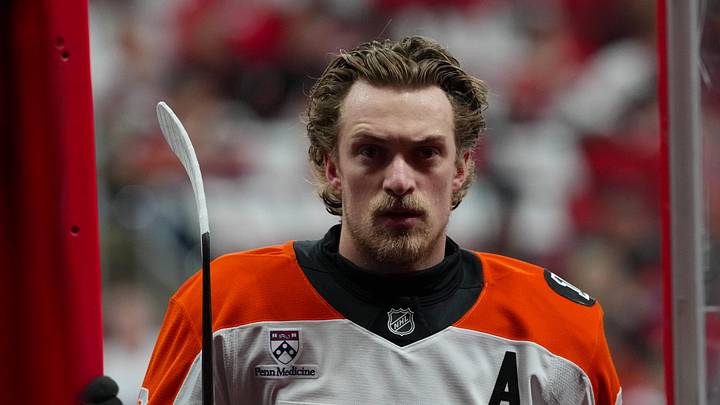 May 2, 2026; Raleigh, North Carolina, USA; Philadelphia Flyers defenseman Travis Sanheim (6) comes off the during the warmups Carolina Hurricanes at Lenovo Center. Mandatory Credit: James Guillory-Imagn Images