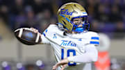 Oct 16, 2025; Greenville, North Carolina, USA;  Tulsa Golden Hurricane quarterback Baylor Hayes (10) throws the ball against the East Carolina Pirates during the first half at Dowdy-Ficklen Stadium. Mandatory Credit: James Guillory-Imagn Images