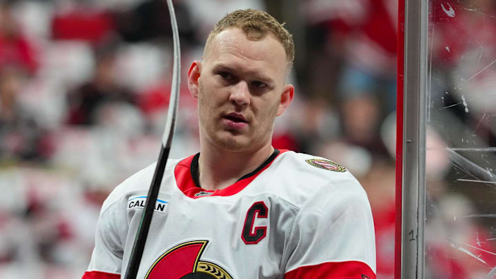Apr 20, 2026; Raleigh, North Carolina, USA; Ottawa Senators left wing Brady Tkachuk (7) comes off the ice after the warmups before the game against the Carolina Hurricanes in game two of the first round of the 2026 Stanley Cup Playoffs at Lenovo Center. Mandatory Credit: James Guillory-Imagn Images