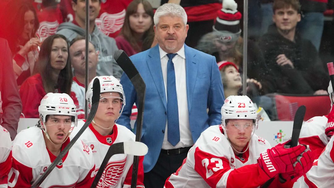 Feb 28, 2026; Raleigh, North Carolina, USA;  Detroit Red Wings head coach Todd McLellan looks on against the Carolina Hurricanes during the third period at Lenovo Center. Mandatory Credit: James Guillory-Imagn Images