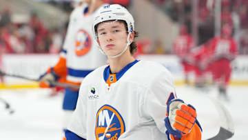 Oct 30, 2025; Raleigh, North Carolina, USA;  New York Islanders defenseman Matthew Schaefer (48) looks on during the warmups before the game against the Carolina Hurricanes at Lenovo Center. Mandatory Credit: James Guillory-Imagn Images