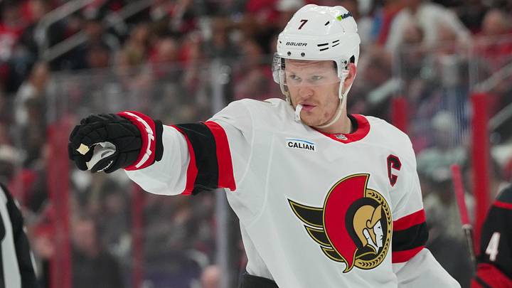 Apr 18, 2026; Raleigh, North Carolina, USA; Ottawa Senators left wing Brady Tkachuk (7) reacts against the Carolina Hurricanes during the second period in game one of the first round of the 2026 Stanley Cup Playoffs at Lenovo Center. Mandatory Credit: James Guillory-Imagn Images