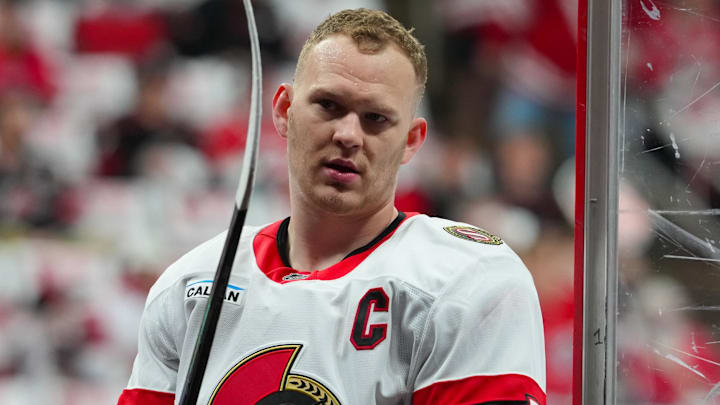 Apr 20, 2026; Raleigh, North Carolina, USA; Ottawa Senators left wing Brady Tkachuk (7) comes off the ice after the warmups before the game against the Carolina Hurricanes in game two of the first round of the 2026 Stanley Cup Playoffs at Lenovo Center. Mandatory Credit: James Guillory-Imagn Images