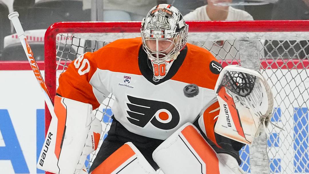 May 4, 2026; Raleigh, North Carolina, USA; Philadelphia Flyers goaltender Dan Vladar (80) watches the shot during the warmups before the game against the Carolina Hurricanes in game two of the second round of the 2026 Stanley Cup Playoffs at Lenovo Center. 
