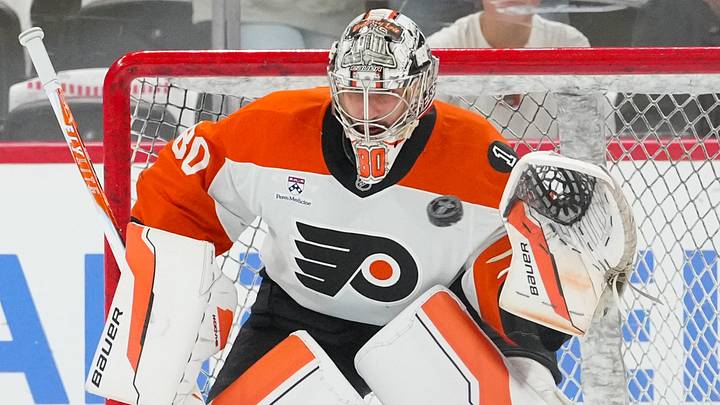 May 4, 2026; Raleigh, North Carolina, USA; Philadelphia Flyers goaltender Dan Vladar (80) watches the shot during the warmups before the game against the Carolina Hurricanes in game two of the second round of the 2026 Stanley Cup Playoffs at Lenovo Center. 