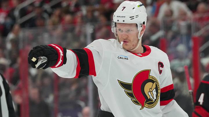 Apr 18, 2026; Raleigh, North Carolina, USA; Ottawa Senators left wing Brady Tkachuk (7) reacts against the Carolina Hurricanes during the second period in game one of the first round of the 2026 Stanley Cup Playoffs at Lenovo Center. Apr 18, 2026; Raleigh, North Carolina, USA; Ottawa Senators left wing Brady Tkachuk (7) reacts against the Carolina Hurricanes during the second period in game one of the first round of the 2026 Stanley Cup Playoffs at Lenovo Center.
