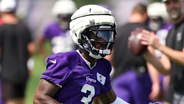 Jul 29, 2025; Eagan, MN, USA; Minnesota Vikings wide receiver Jordan Addison (3) takes part in drills during the teams training camp at the Minnesota Vikings Training Facility. Mandatory Credit: Matt Krohn-Imagn Images