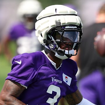 Jul 29, 2025; Eagan, MN, USA; Minnesota Vikings wide receiver Jordan Addison (3) takes part in drills during the teams training camp at the Minnesota Vikings Training Facility. Mandatory Credit: Matt Krohn-Imagn Images