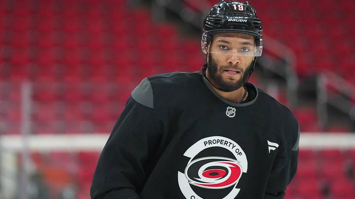 Jun 1, 2026; Raleigh, North Carolina, USA; Carolina Hurricanes defenseman K'andre Miller (19) skates during the practice during media day for the 2026 Stanley Cup Final at Lenovo Center. Jun 1, 2026; Raleigh, North Carolina, USA; Carolina Hurricanes defenseman K'andre Miller (19) skates during the practice during media day for the 2026 Stanley Cup Final at Lenovo Center.