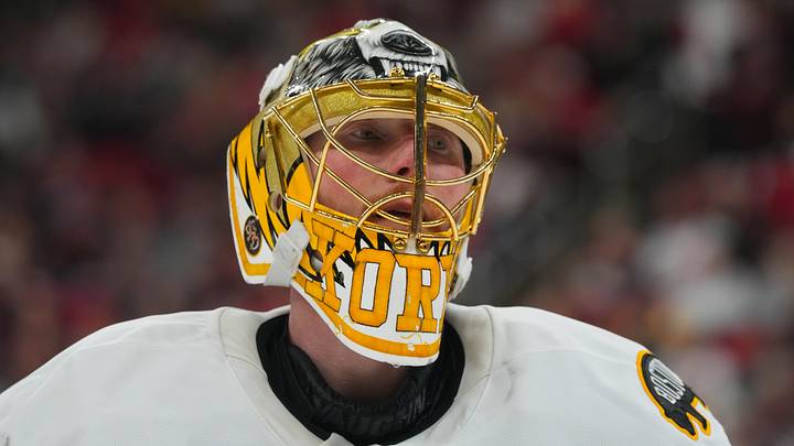 Apr 7, 2026; Raleigh, North Carolina, USA; Boston Bruins goaltender Joonas Korpisalo (70) looks on against the Carolina Hurricanes during the third period at Lenovo Center. Apr 7, 2026; Raleigh, North Carolina, USA; Boston Bruins goaltender Joonas Korpisalo (70) looks on against the Carolina Hurricanes during the third period at Lenovo Center.