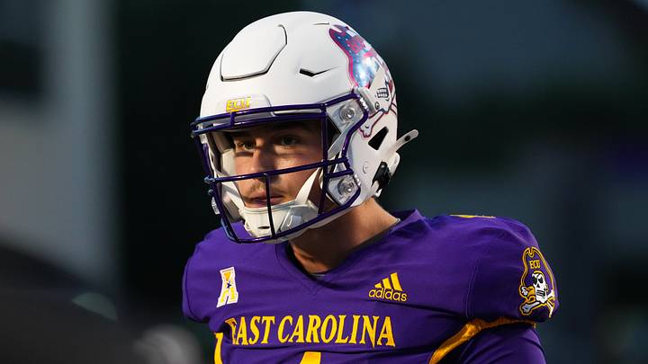 Sep 25, 2025; Greenville, North Carolina, USA;  East Carolina Pirates quarterback Katin Houser (4) looks on during the warmups before the game against the Army Black Knights at Dowdy-Ficklen Stadium. Mandatory Credit: James Guillory-Imagn Images
