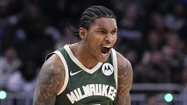 Milwaukee Bucks guard Kevin Porter Jr. (7) celebrates a made three point shot in the second half against the Detroit Pistons at Fiserv Forum on December 3, 2025.