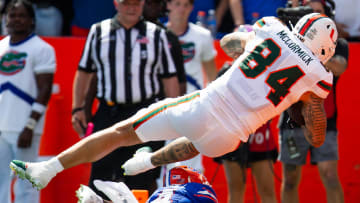 Florida Gators defensive back Jordan Castell (14) upends Miami Hurricanes tight end Cam McCormick (84) as he scores a touchdown during the season opener against the University of Miami Hurricanes. [Doug Engle/Gainesville Sun]