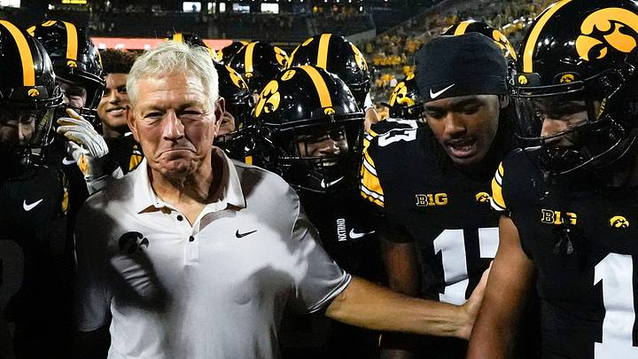 Iowa Hawkeyes head coach Kirk Ferentz reacts after becoming the winningest coach in Big Ten history, passing Woody Hayes, with a win over the Massachusetts Minutemen Sept. 13, 2025 at Kinnick Stadium in Iowa City, Iowa.