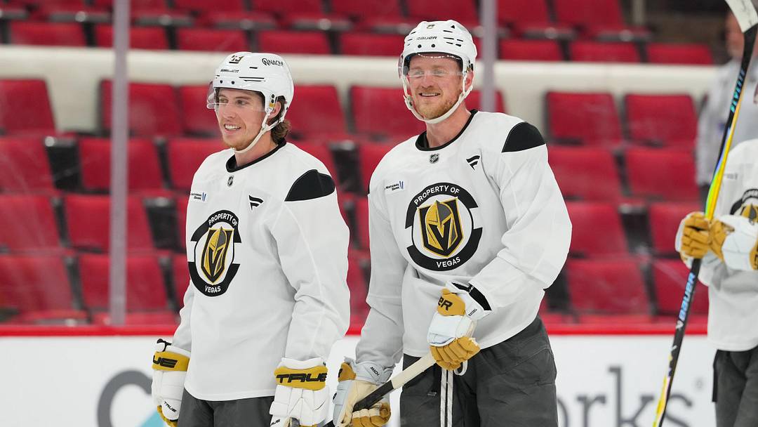 Jun 1, 2026; Raleigh, North Carolina, USA; Vegas Golden Knights center Jack Eichel (9) and  Vegas Golden Knights right wing Mitch Marner (93) looks on during the practice during media day for the 2026 Stanley Cup Final at Lenovo Center. Mandatory Credit: James Guillory-Imagn Images