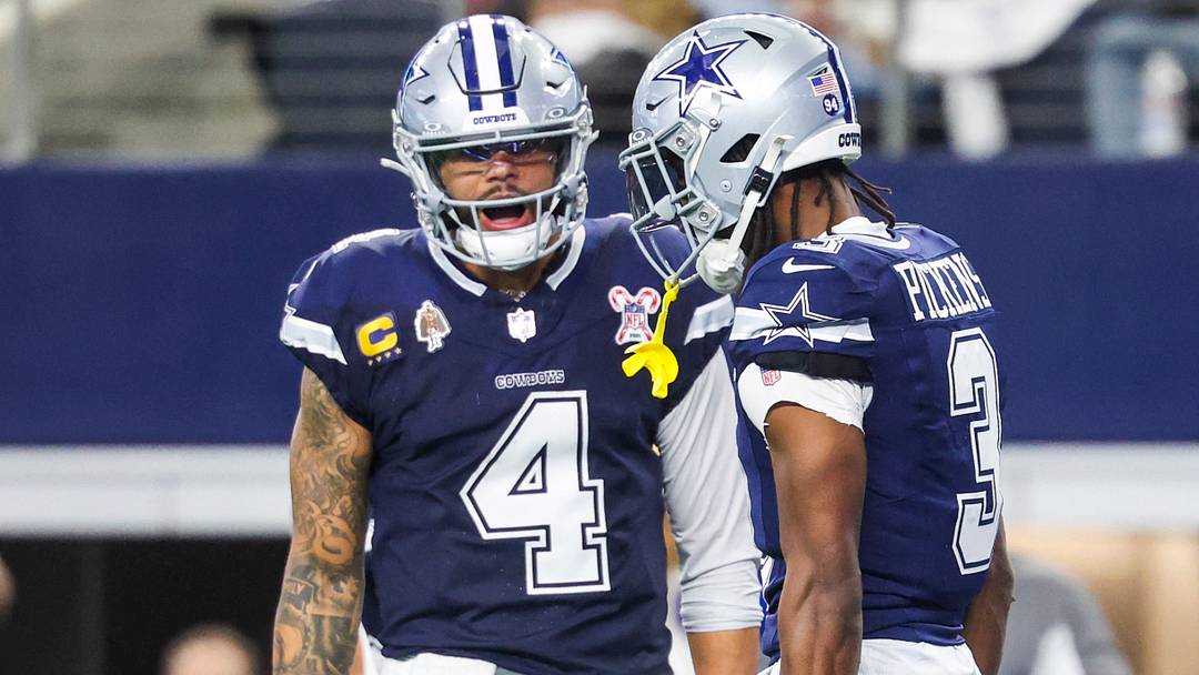 Dallas Cowboys quarterback Dak Prescott celebrates with wide receiver George Pickens following a touchdown pass caught by Pickens during the second quarter at AT&T Stadium. Dallas Cowboys quarterback Dak Prescott celebrates with wide receiver George Pickens following a touchdown pass caught by Pickens during the second quarter at AT&T Stadium.