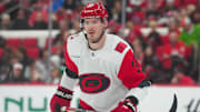 Nov 8, 2025; Raleigh, North Carolina, USA;  Carolina Hurricanes right wing Andrei Svechnikov (37) watches the play against the Buffalo Sabres during the second period at Lenovo Center. Mandatory Credit: James Guillory-Imagn Images
