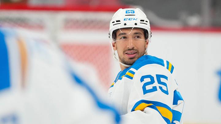 Mar 12, 2026; Raleigh, North Carolina, USA;  St. Louis Blues right wing Jordan Kyrou (25) looks on during the warmups before the game against the Carolina Hurricanes  at Lenovo Center. Mandatory Credit: James Guillory-Imagn Images